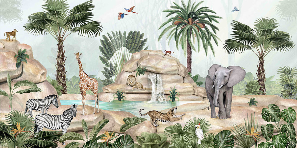 Watercolor Pond Animals Wallpaper in your room — zoomed