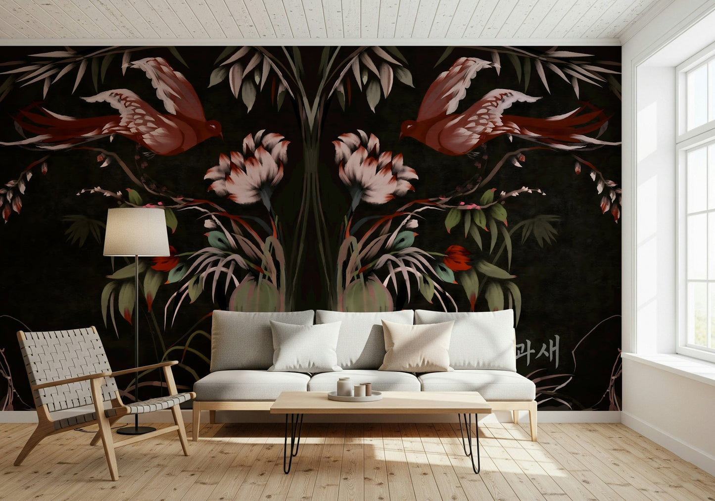 Delicate birds and foliage mural for a reading nook feature wall in an apartment