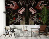 Painterly bird mural with cream background for an office accent wall, clean and modern