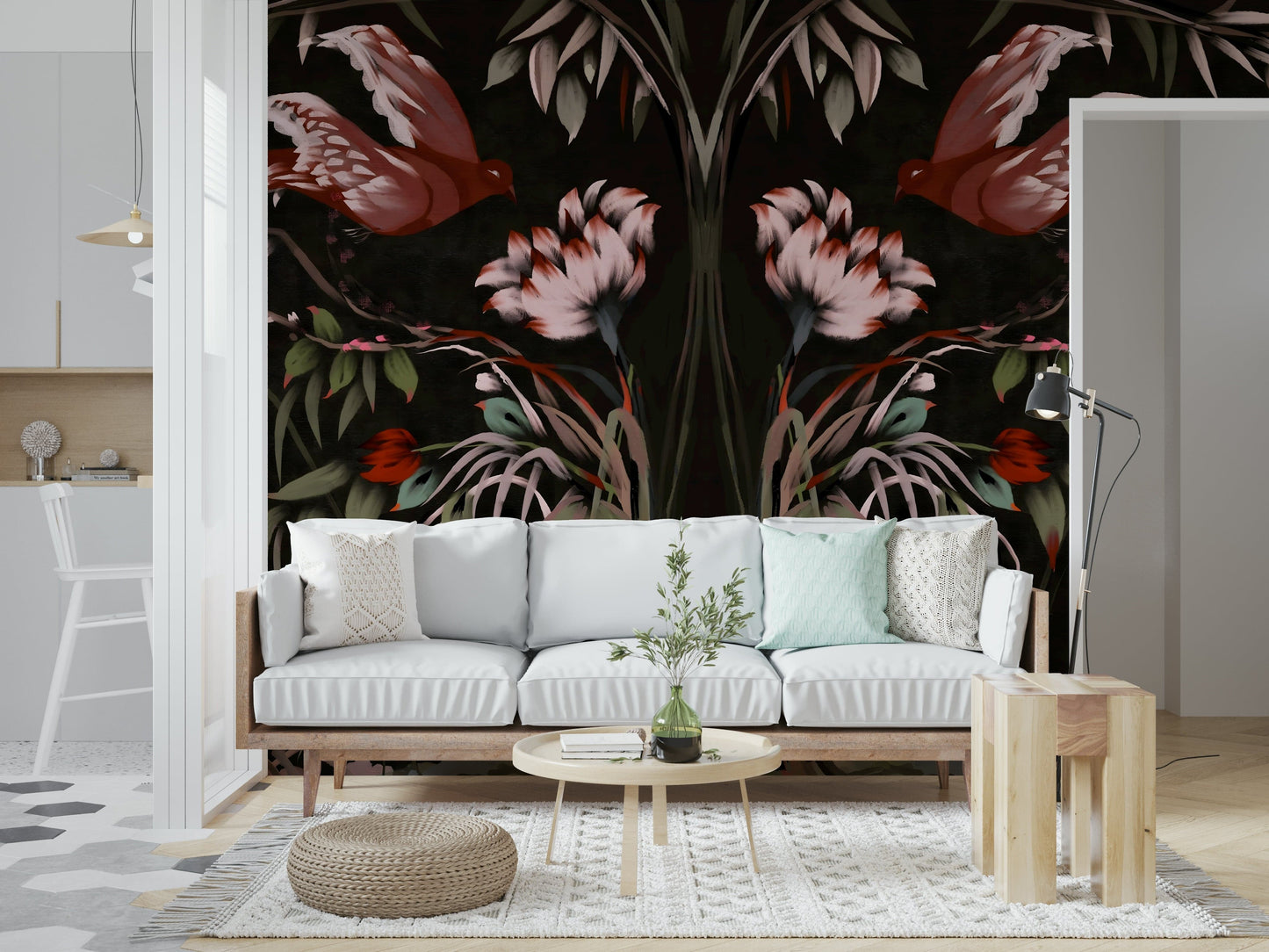 Korean art inspired bird mural for a home office wall, muted color palette