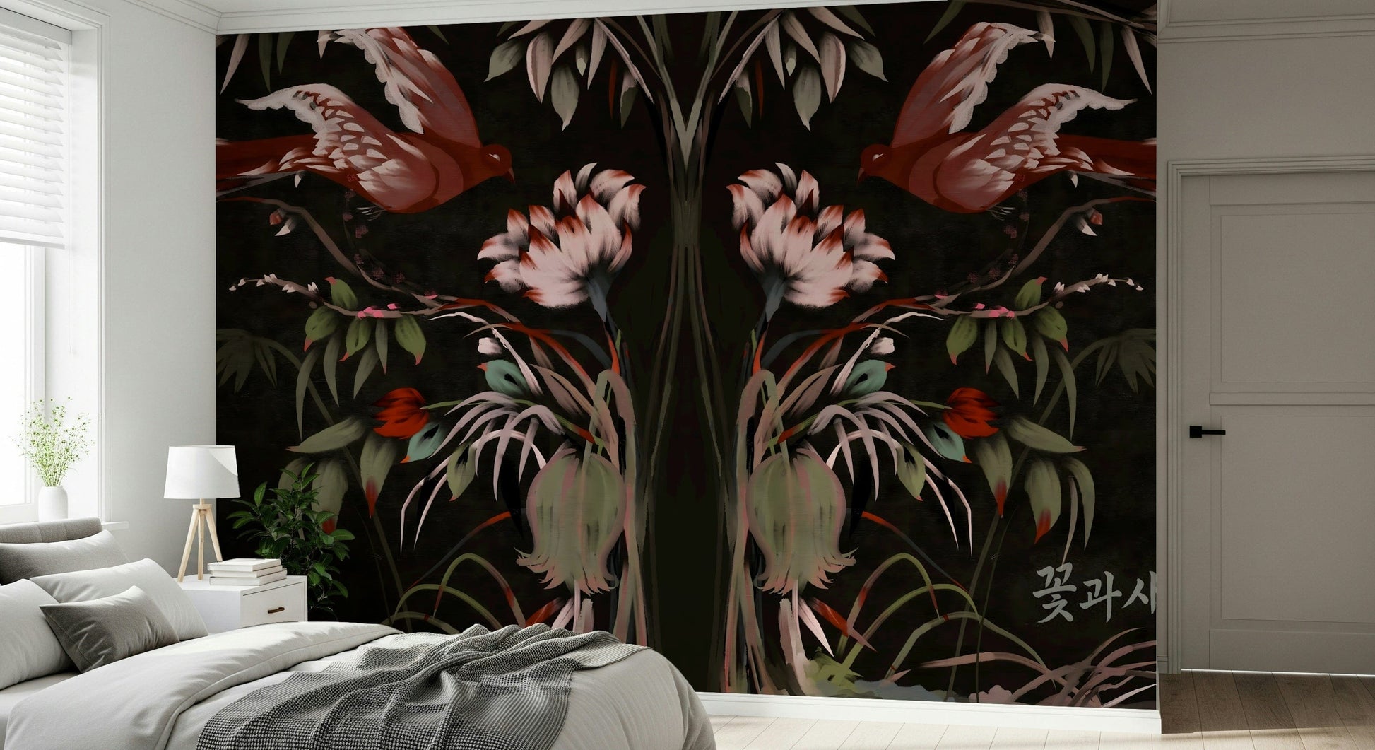 Vintage-inspired bird mural with soft color washes for a modern guest bedroom