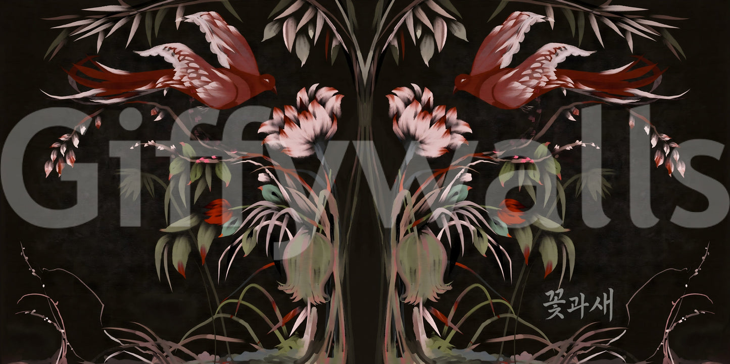 Elegant bird mural for a powder room wall, subtle pattern and soft color