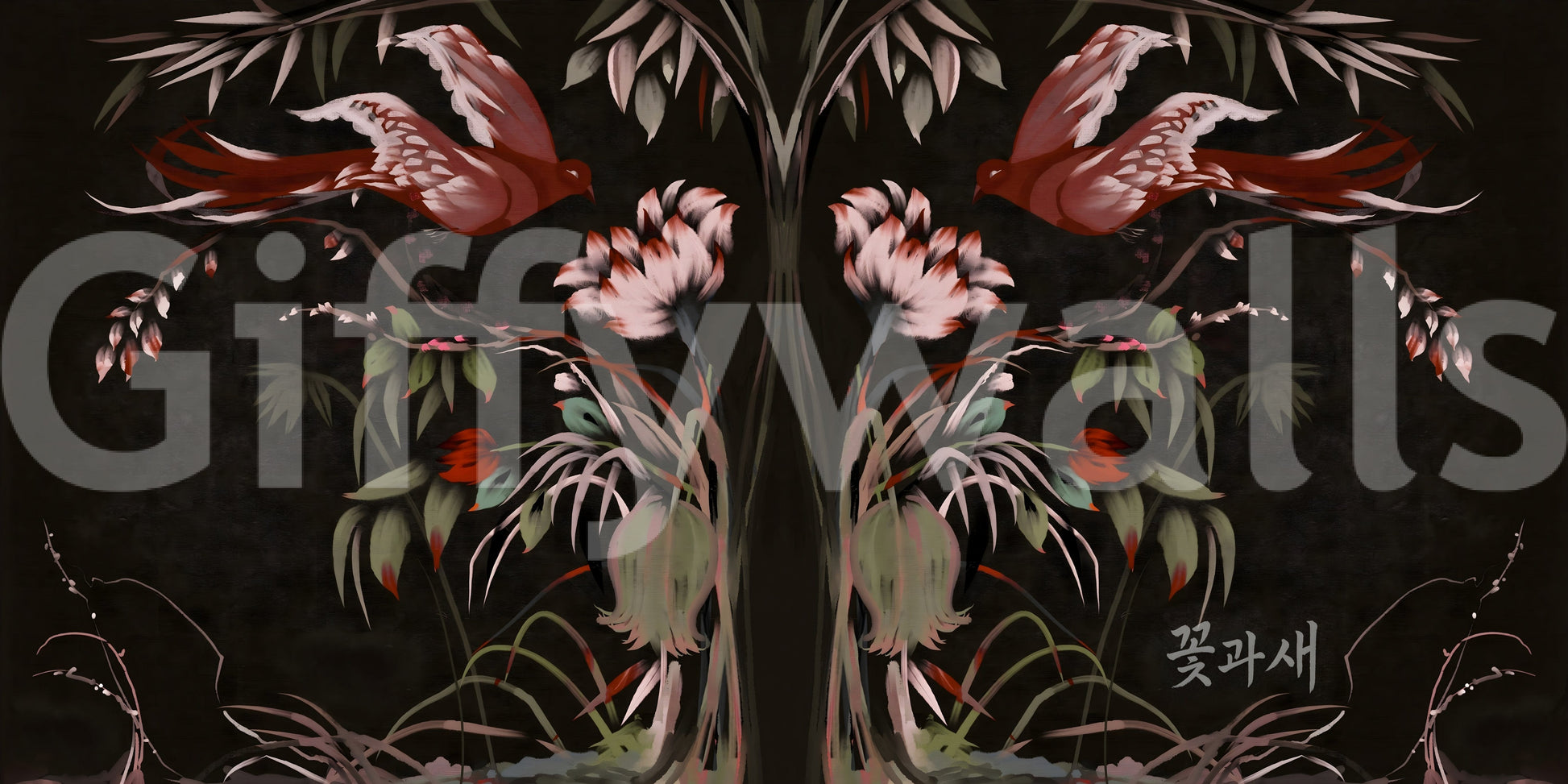 Elegant bird mural for a powder room wall, subtle pattern and soft color