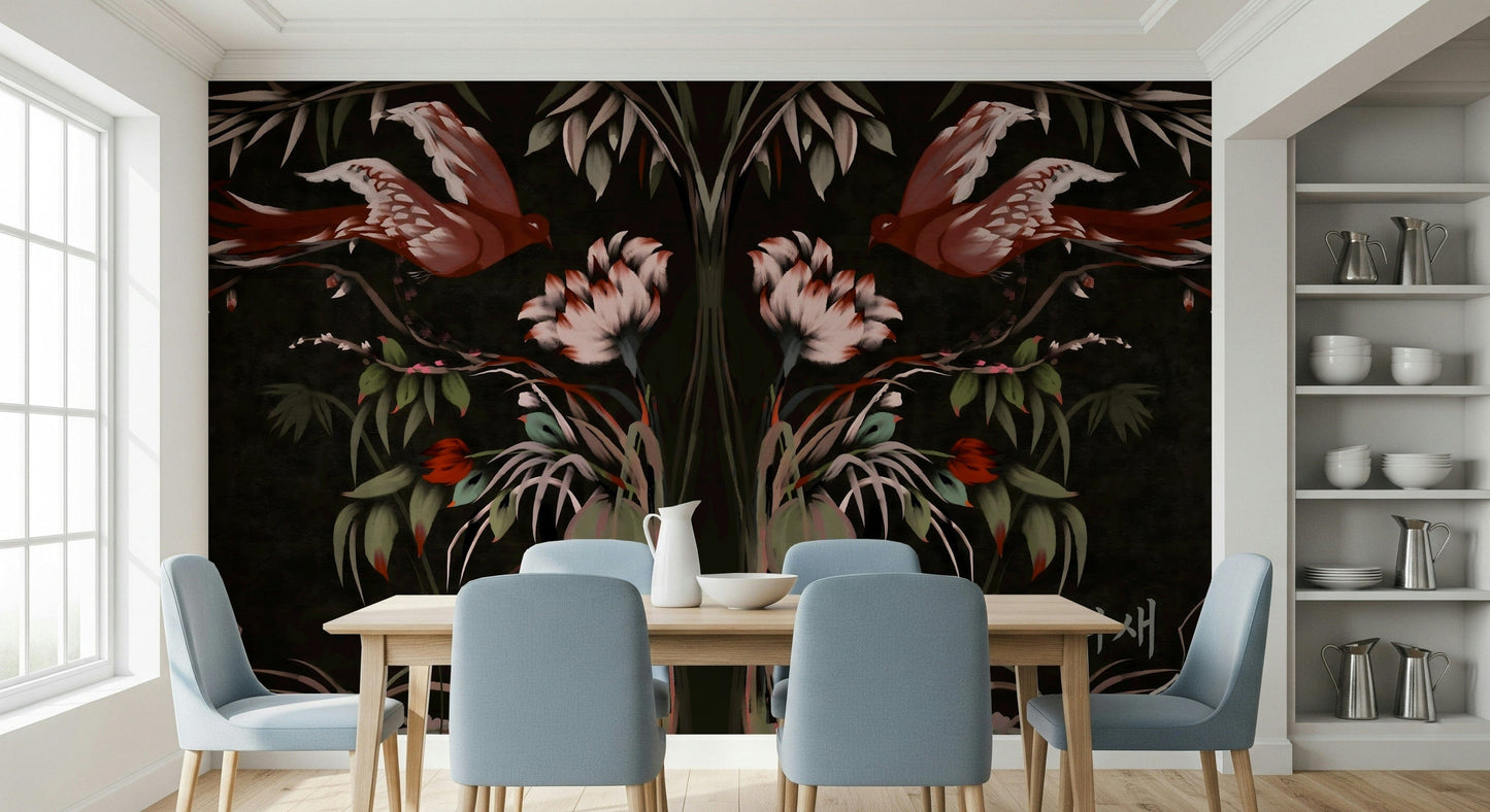 Heaven's Birds Joseon inspired Wall Mural behind a neutral sofa in a modern apartment