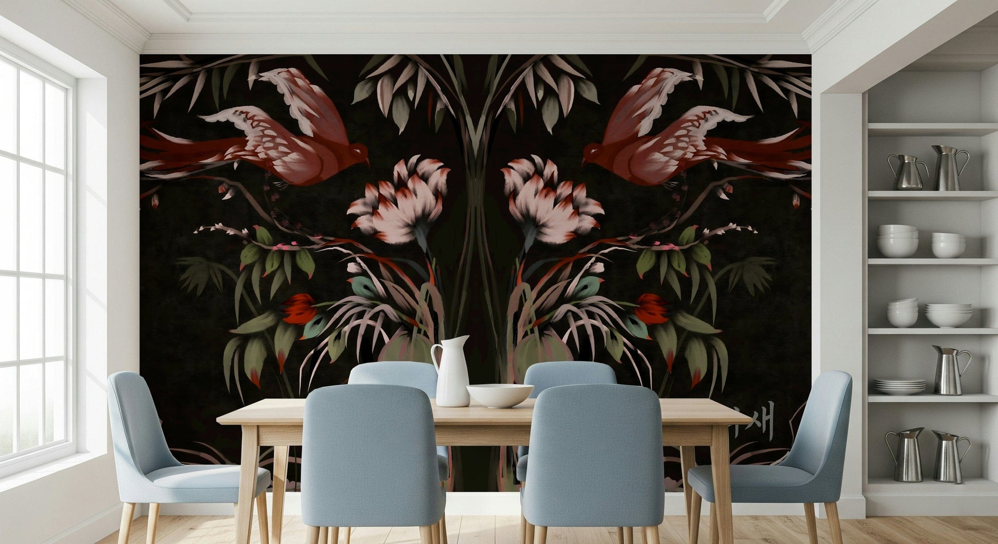 Heaven's Birds Joseon inspired Wall Mural behind a neutral sofa in a modern apartment