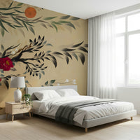 Sophisticated wall mural blending Joseon dynasty aesthetics with floral motifs