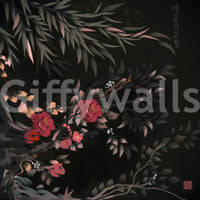 Joseon style Floral folk painting mural close-up showing red camellia blossoms and willow leaves on a dark background
