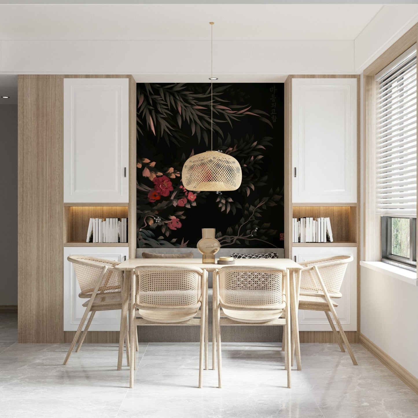 Joseon style Floral folk painting mural of red camellias on black behind a dining table with rattan chairs