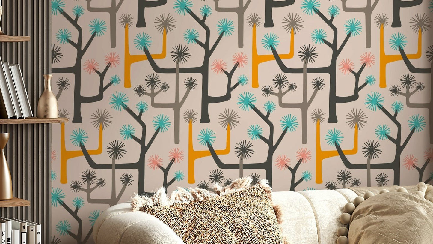 Stylized Joshua trees and desert cacti.

