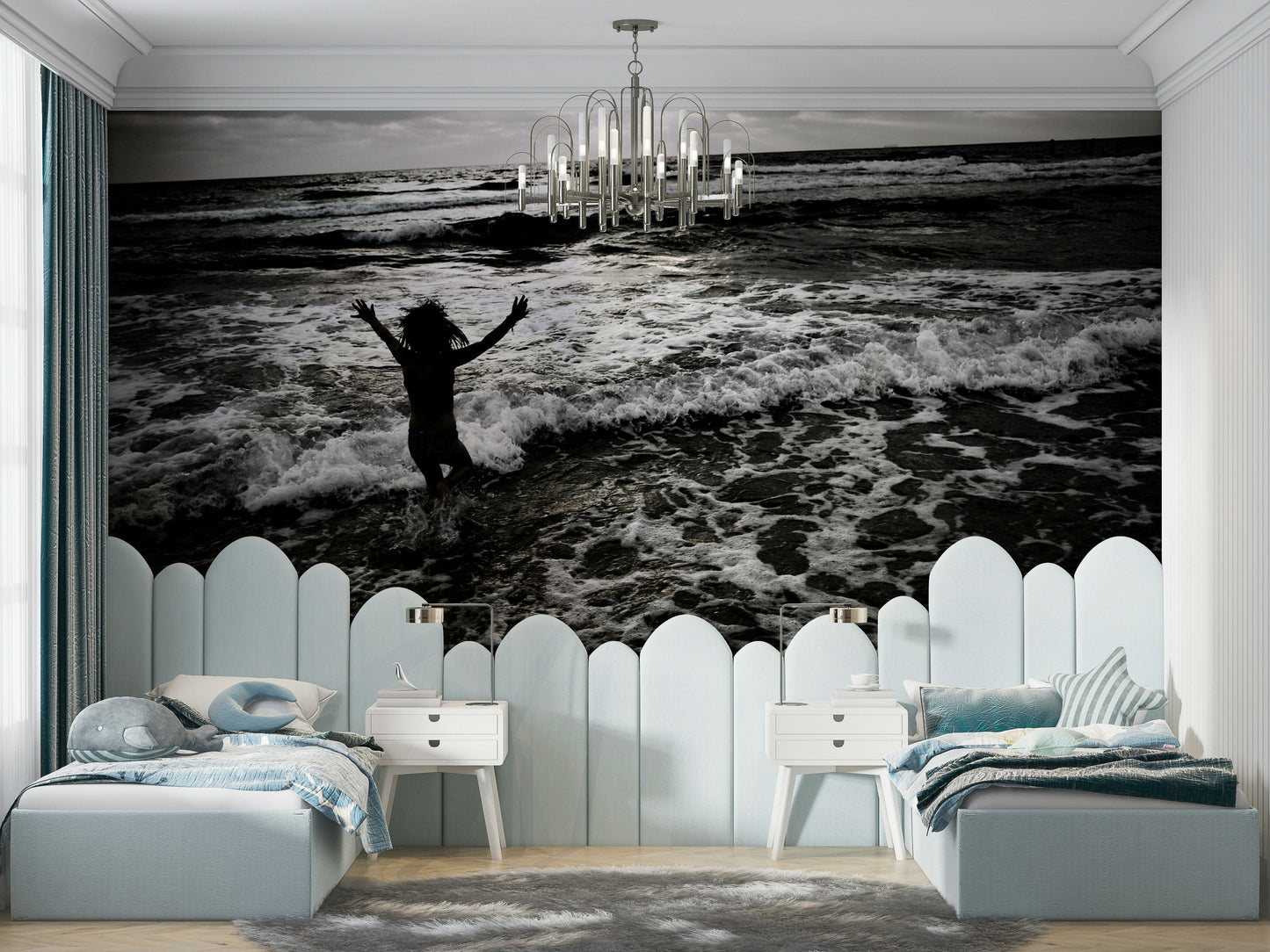 An artistic joyful abstract mural on minimalist wallpaper.

