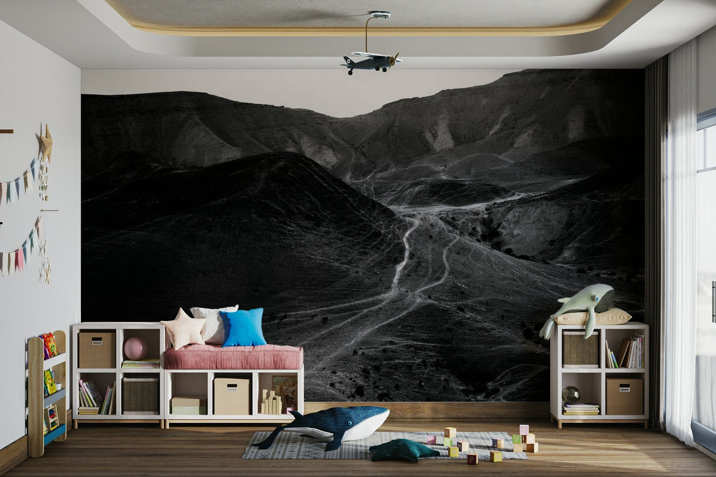A peaceful natural scene mural on decorative wallpaper.

