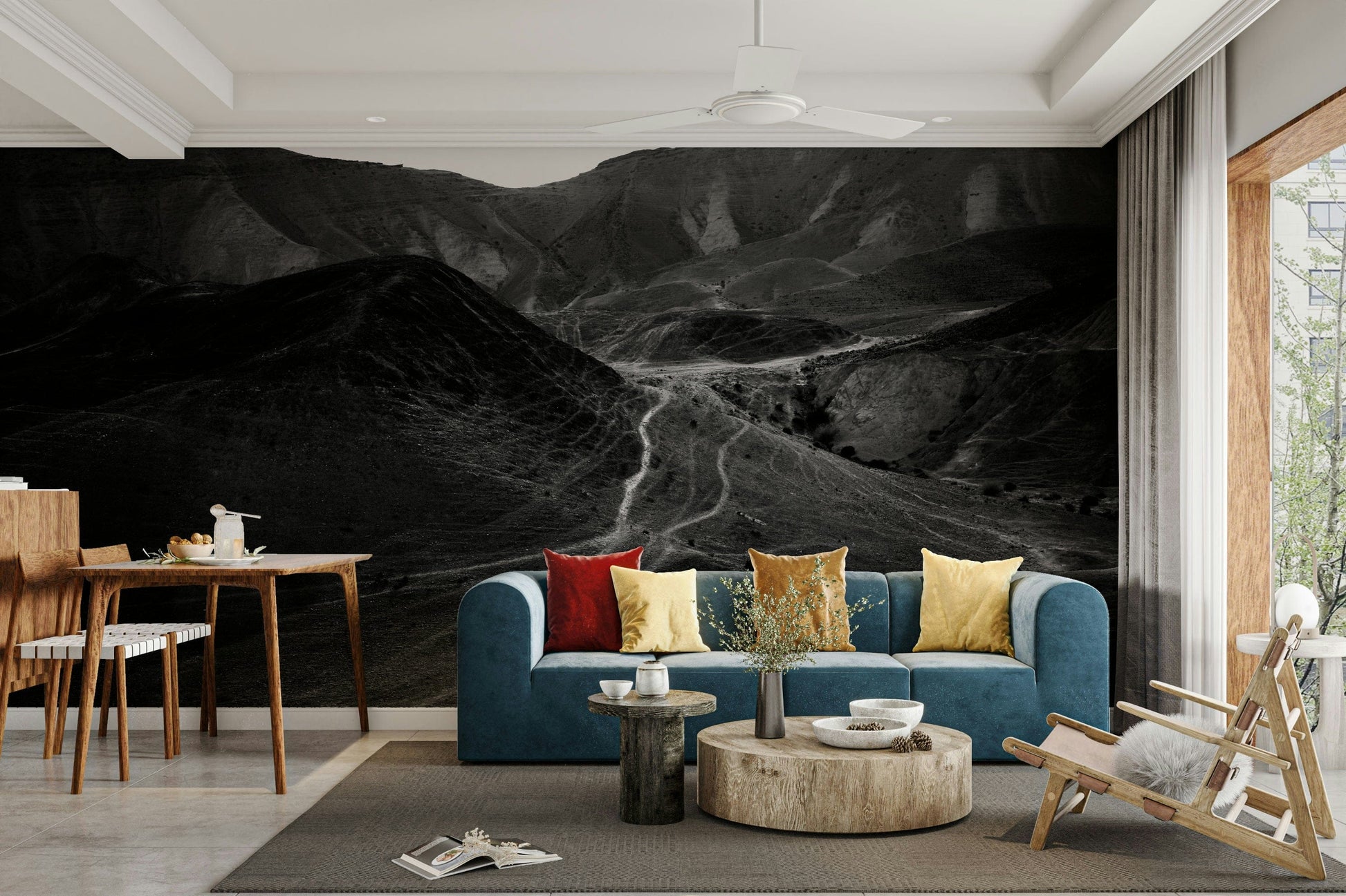 A graceful subtle mountain wall mural in warm, natural tones.

