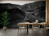 An artistic scenic landscape mural on minimalist wallpaper.

