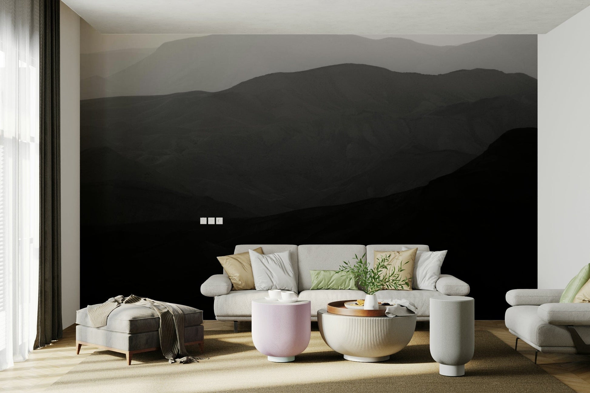 A peaceful natural scene mural on decorative wallpaper.

