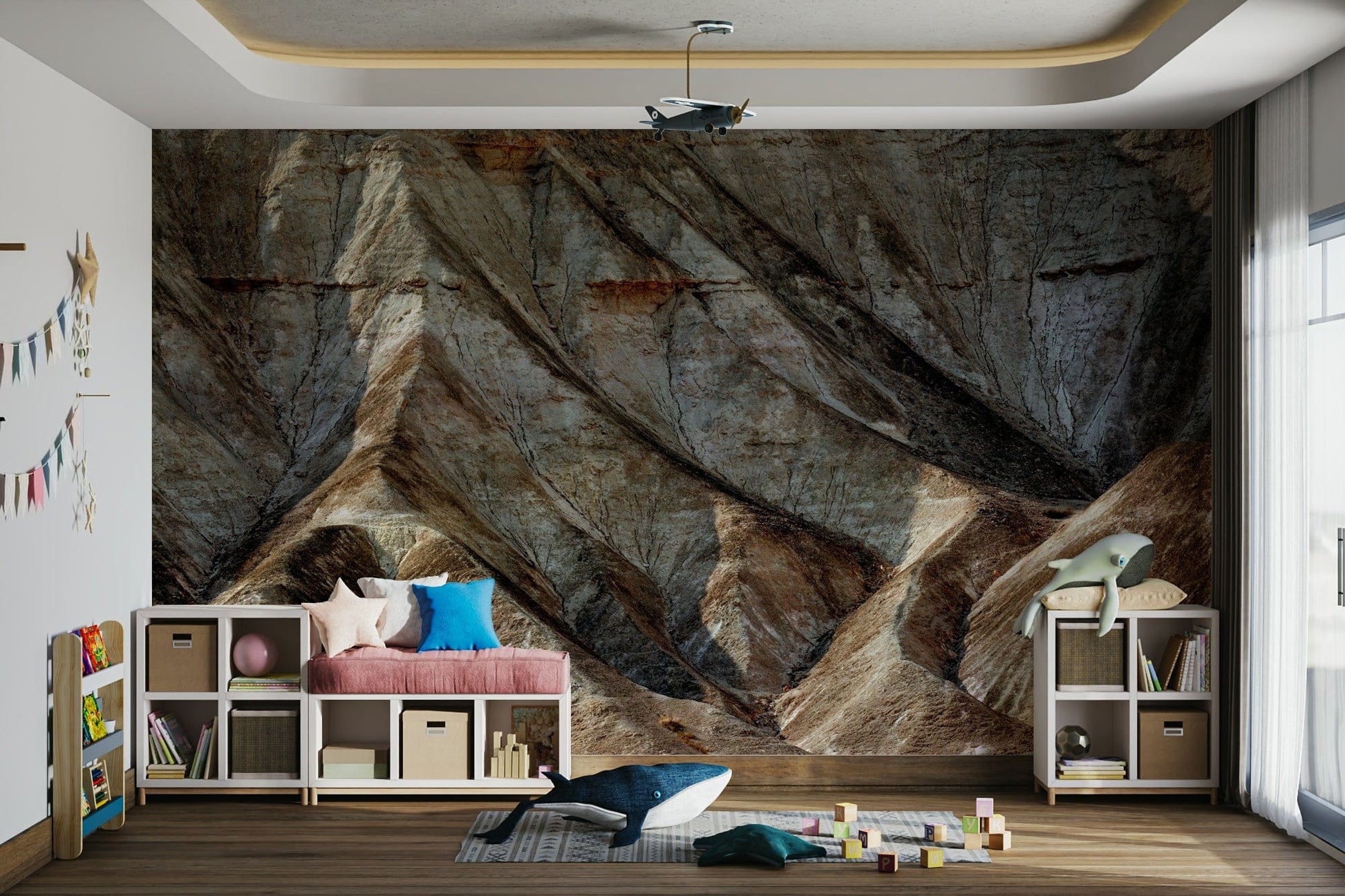 A peaceful natural scene mural on decorative wallpaper.


