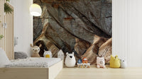 A graceful subtle mountain wall mural in warm, natural tones.



