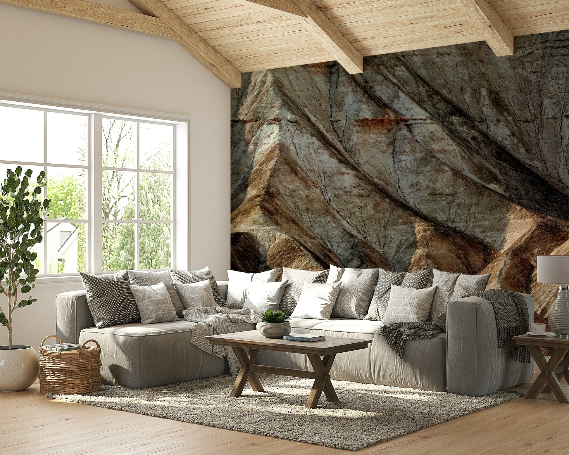 An artistic scenic landscape mural on minimalist wallpaper.



