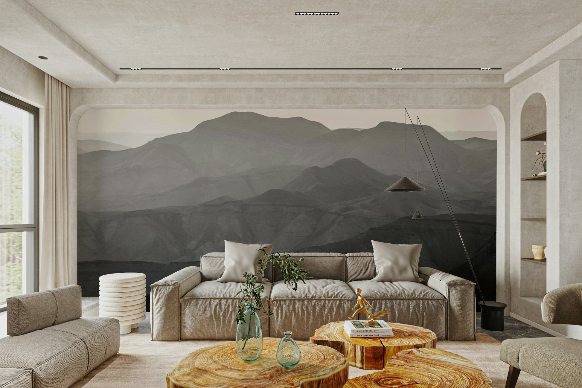 A peaceful natural scene mural on decorative wallpaper.

