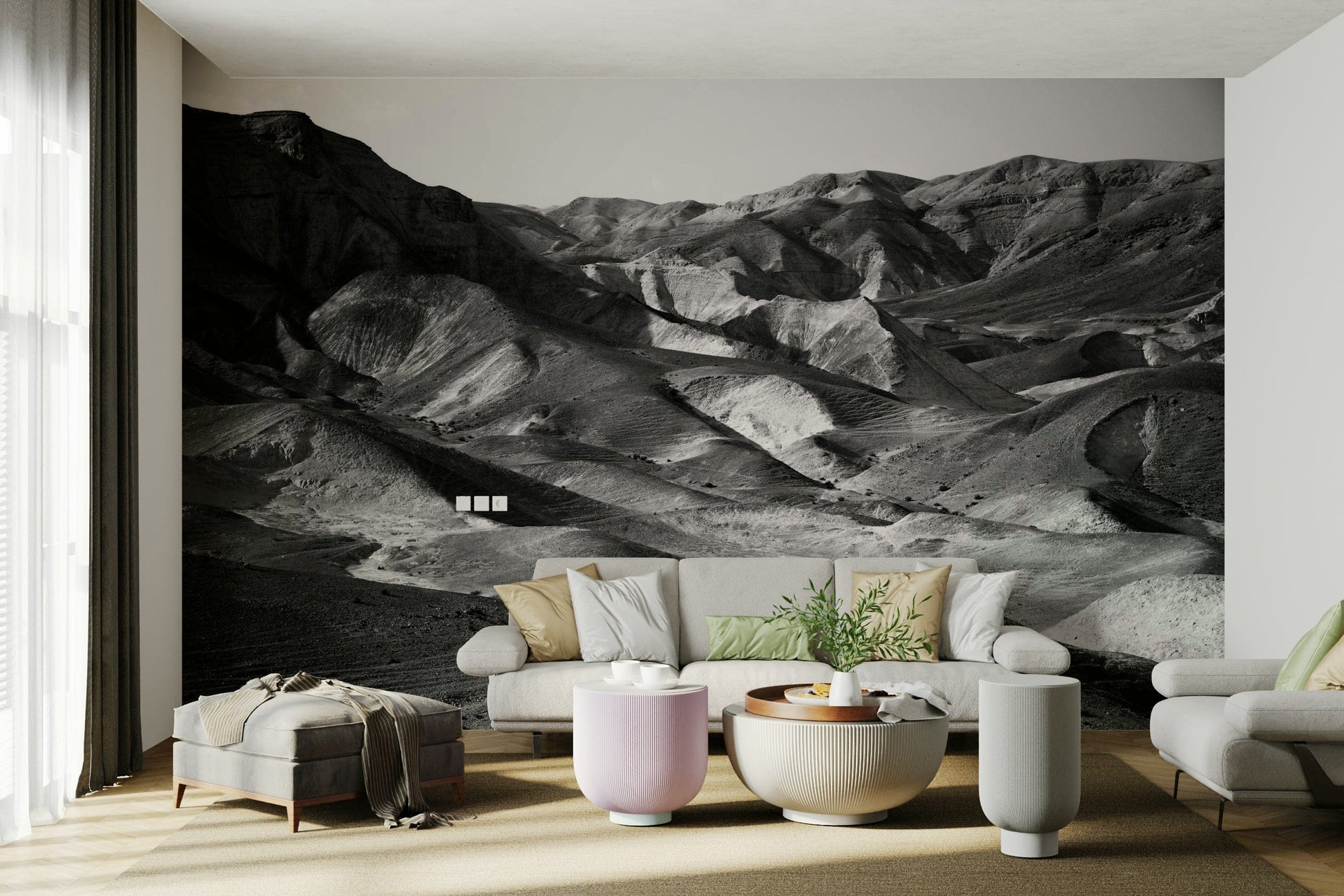 An artistic scenic landscape mural on minimalist wallpaper.

