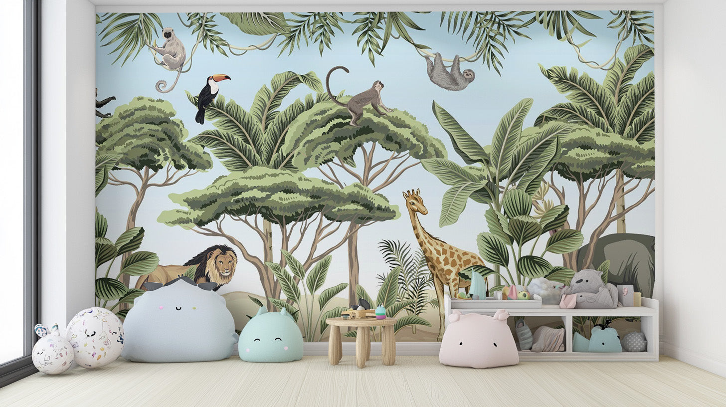 Bold jungle wallpaper featuring exotic animals on an adventure.