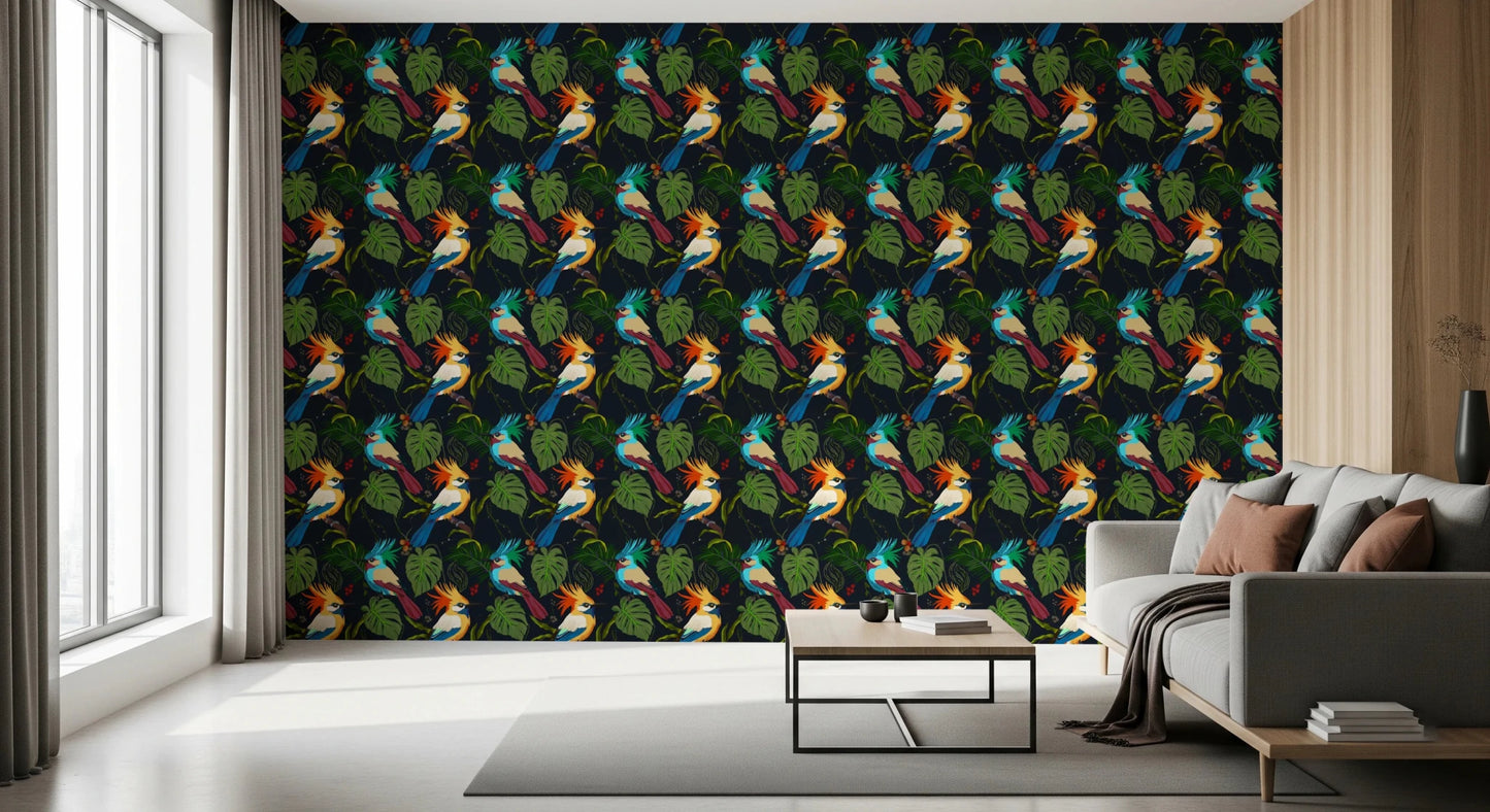 Jungle Birds Exotic Botanical Paradise Wallpaper⁠