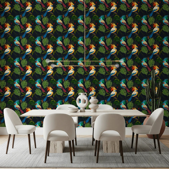 Jungle Birds Exotic Botanical Paradise Wallpaper⁠