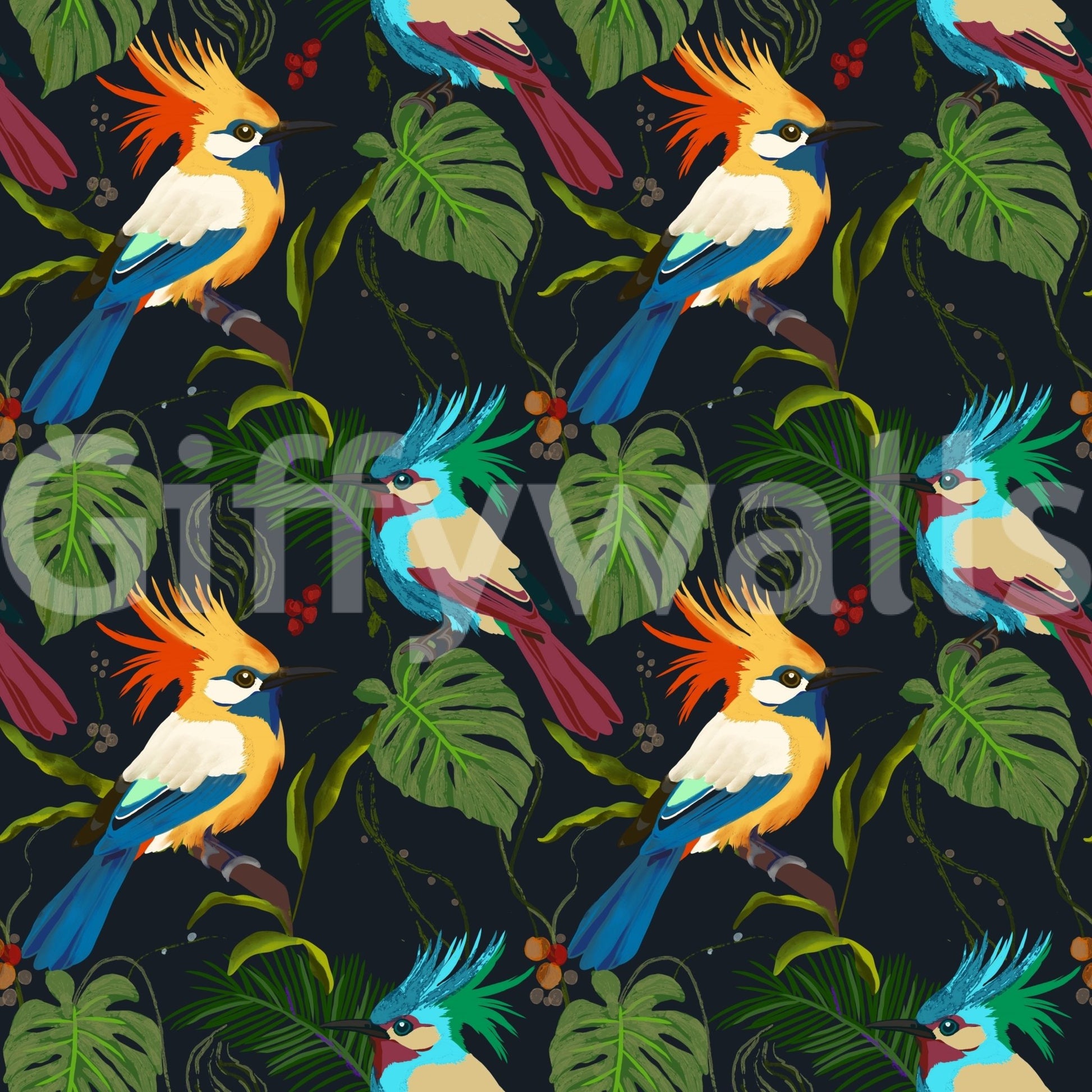 Jungle Birds Exotic Botanical Paradise Wallpaper⁠