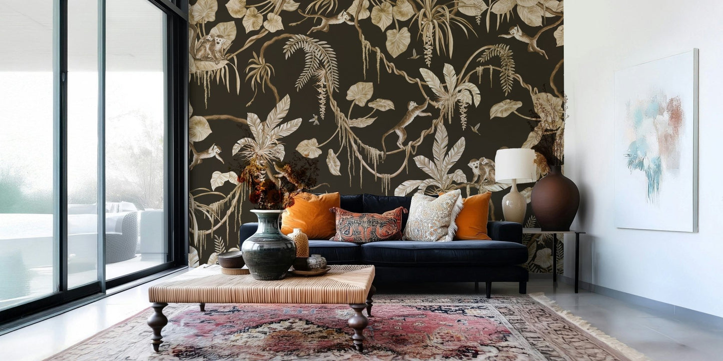 Jungle scene with dense green leaves, vines, and dappled sunlight