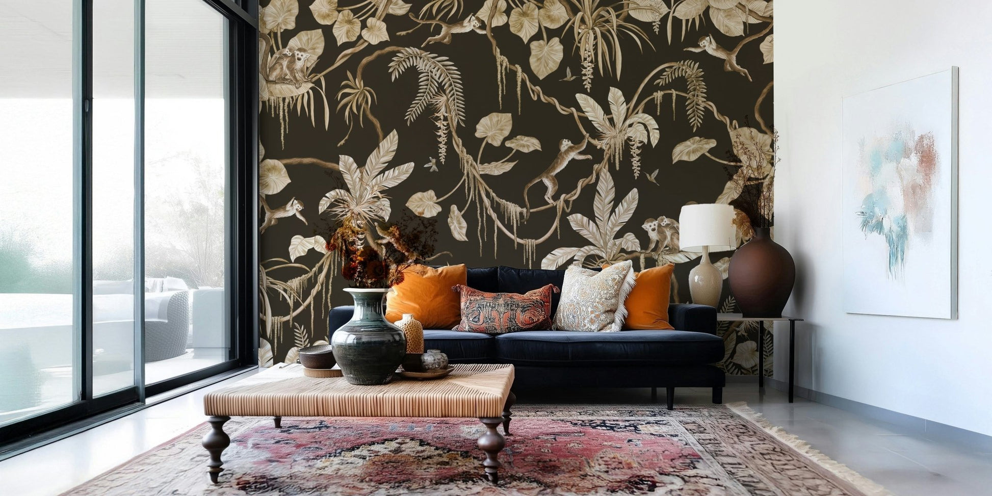 Jungle scene with dense green leaves, vines, and dappled sunlight