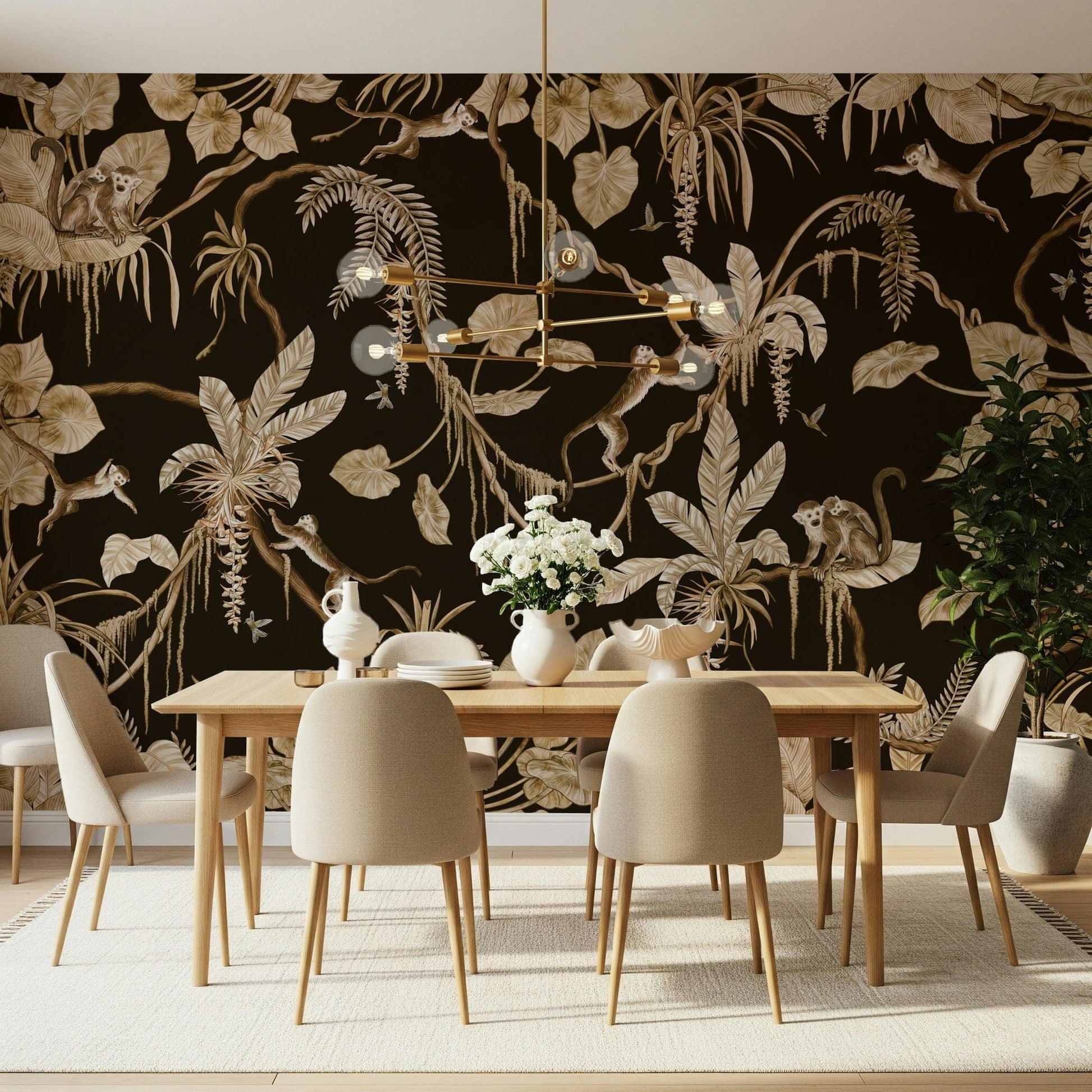 Artistic mural of a serene tropical forest with layered tree canopies