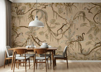 Vibrant jungle scene with playful monkeys and exotic birds among tropical foliage