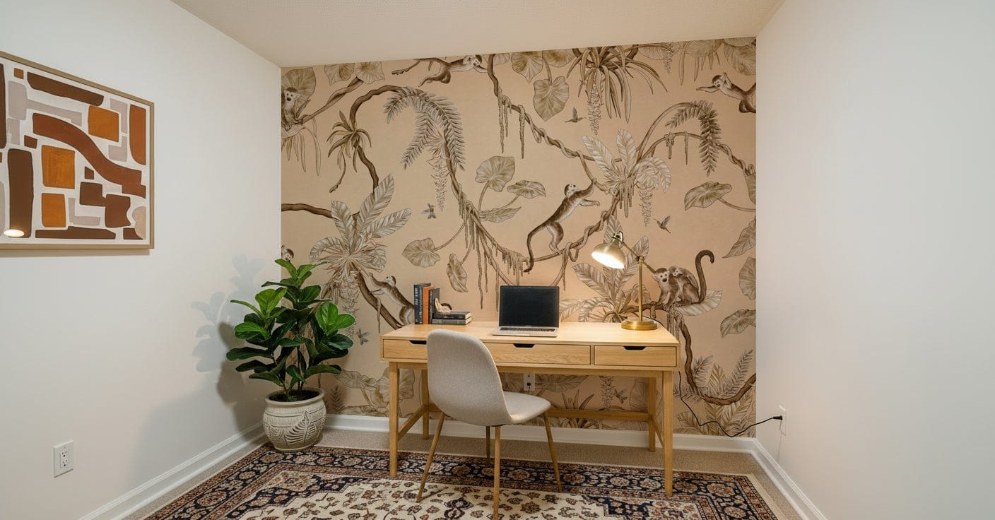Whimsical mural of exotic birds and wildlife exploring a tropical forest