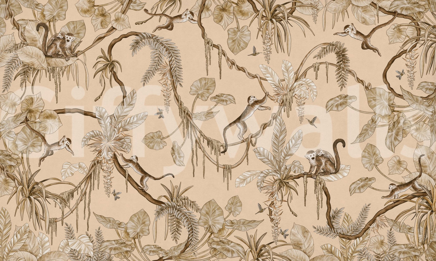 Jungle Escapade wallpaper mural shown as a full-wall warm-beige scene of sepia monkeys swinging through palms and vines