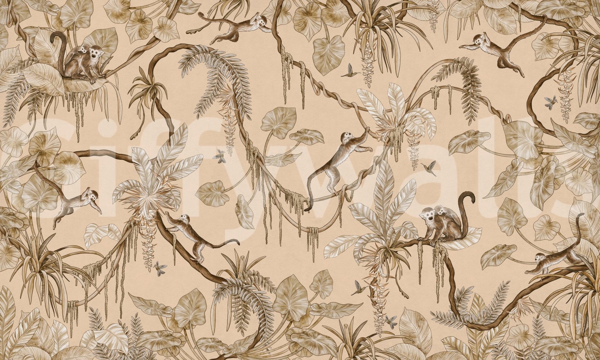 Jungle Escapade wallpaper mural shown as a full-wall warm-beige scene of sepia monkeys swinging through palms and vines