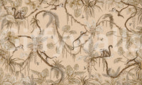 Jungle Escapade wallpaper mural shown as a full-wall warm-beige scene of sepia monkeys swinging through palms and vines