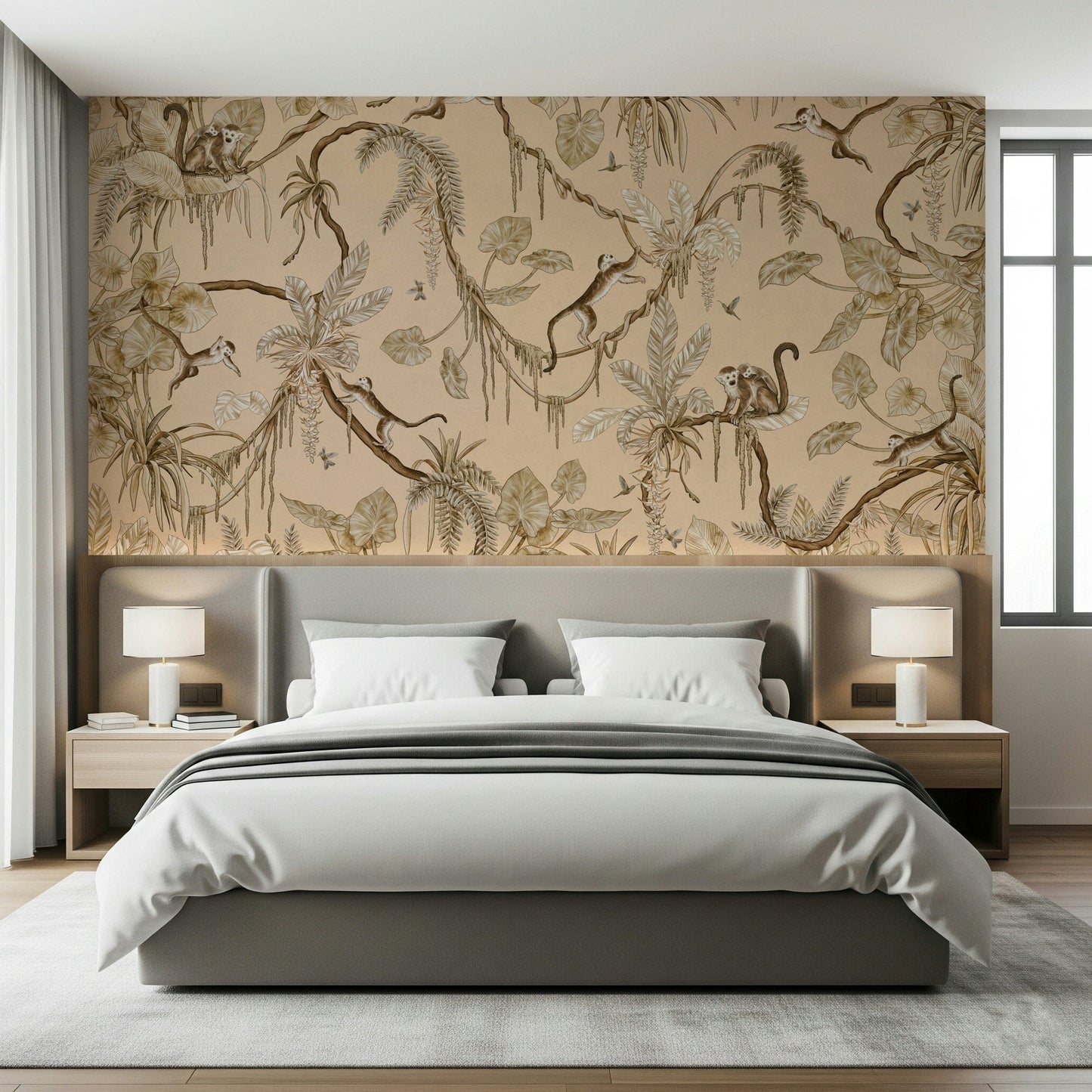 Fun and adventurous mural of wildlife exploring a vibrant tropical jungle