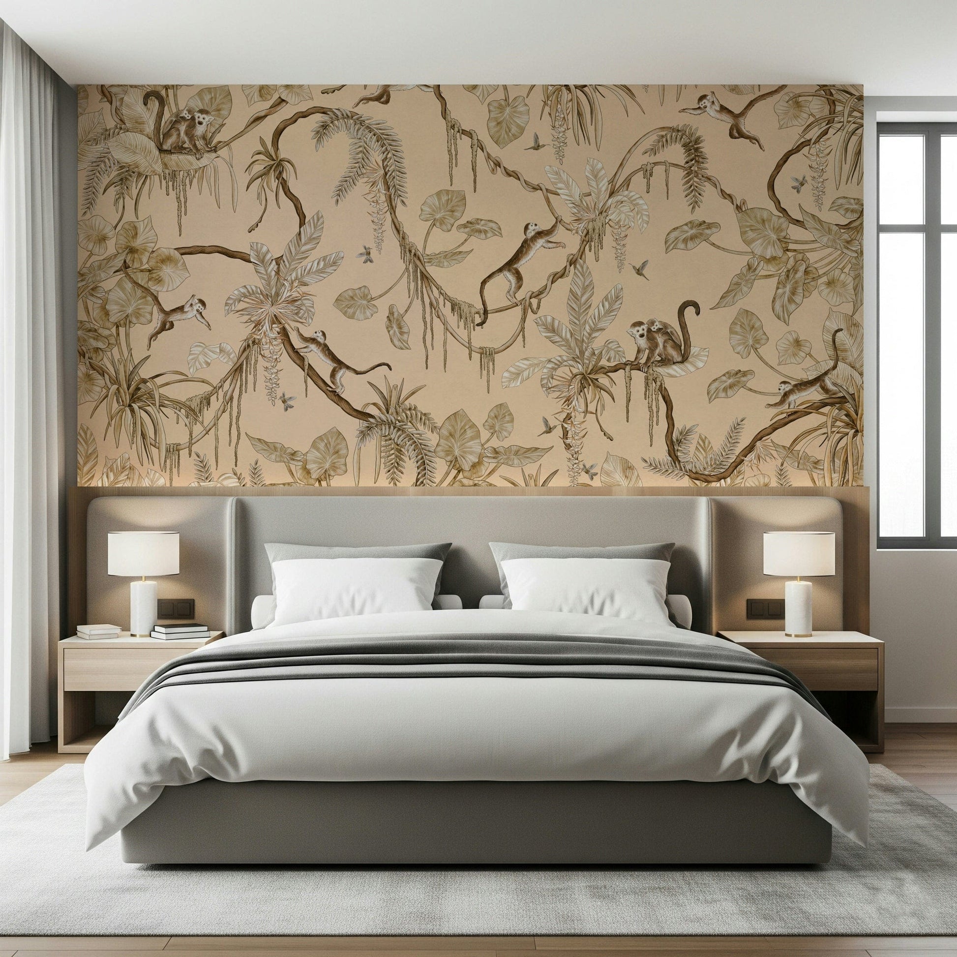 Fun and adventurous mural of wildlife exploring a vibrant tropical jungle