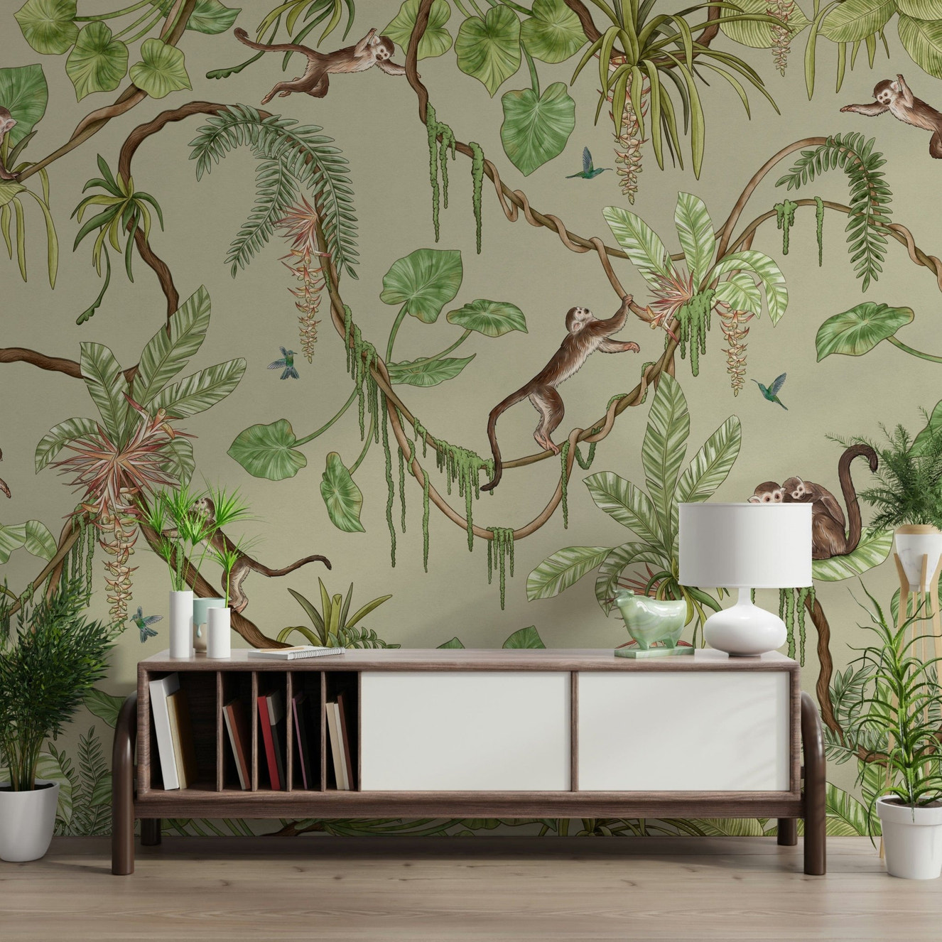 Whimsical mural of exotic animals exploring a lush jungle environment