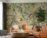 Fun and adventurous mural with monkeys, birds, and dense jungle foliage