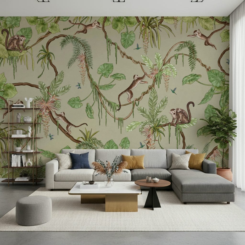 Artistic wall mural blending monkeys, birds, and jungle greenery