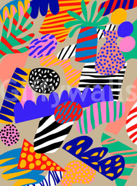 A dynamic wallpaper packed with eclectic tropical shapes and bright abstract designs for a jungle jive vibe.