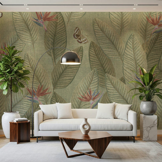 Faded green botanical pattern of Jungle Life Faded wallpaper surface.