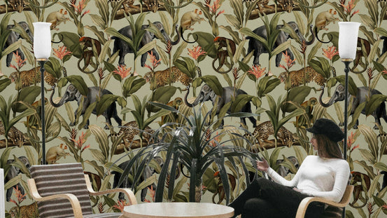 Close-up of Jungle Majesty mural with vibrant tropical plants.

