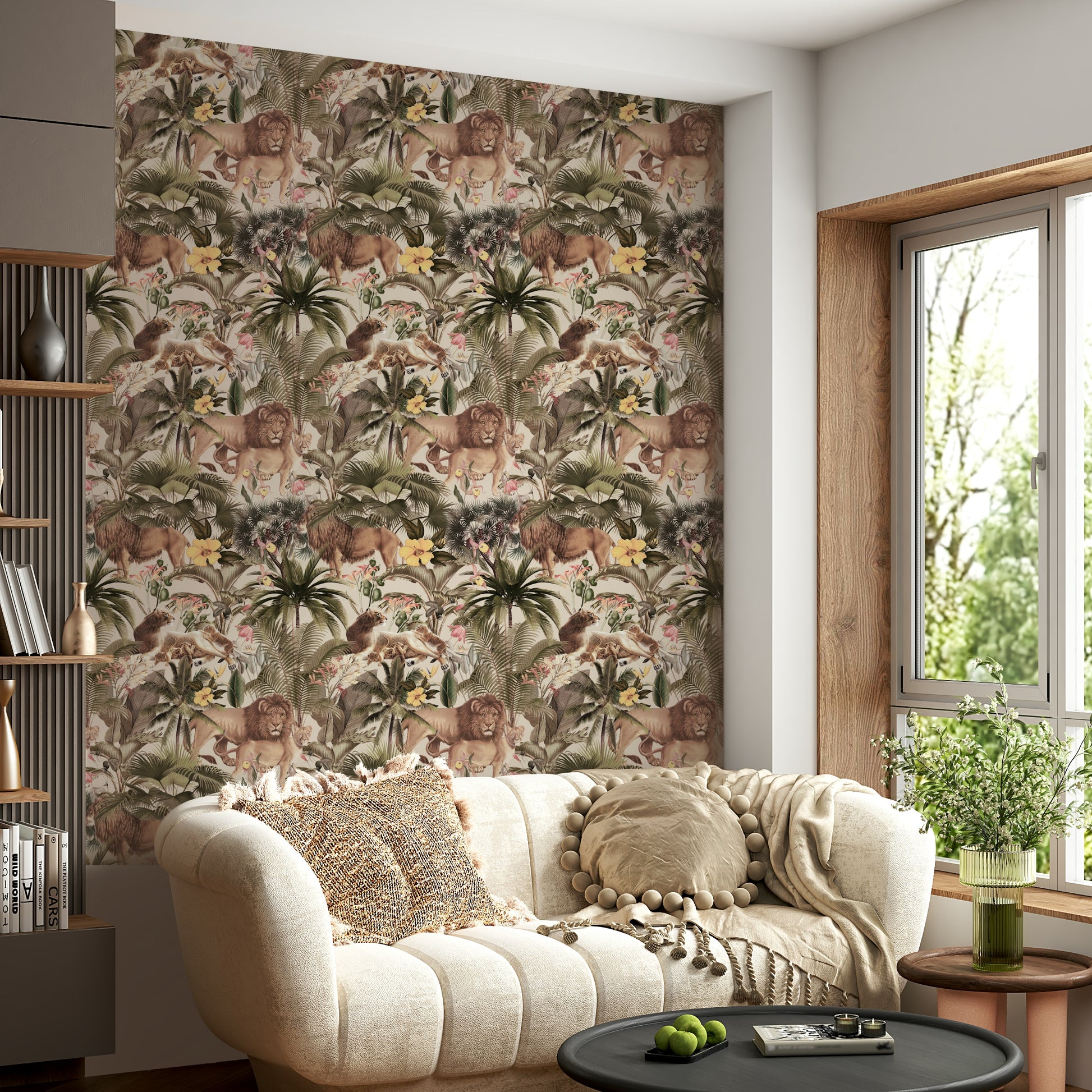 Exotic jungle wallpaper with lush greenery and wild animals

