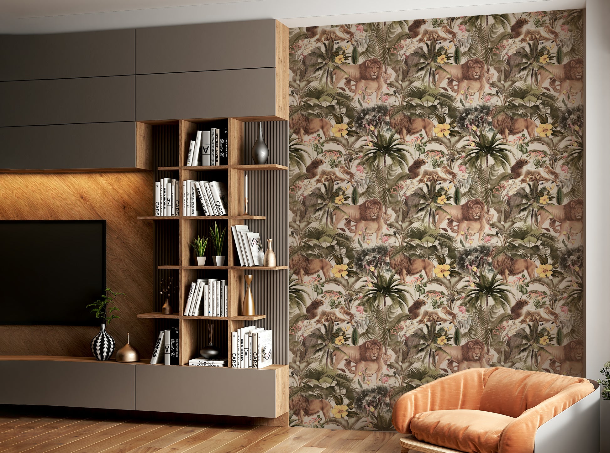 Lush tropical wallpaper with exotic animals and foliage

