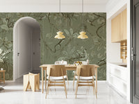 Exotic jungle mural featuring monkeys resting amid flowering vines