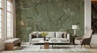Artistic wall covering blending monkeys with dense jungle plants