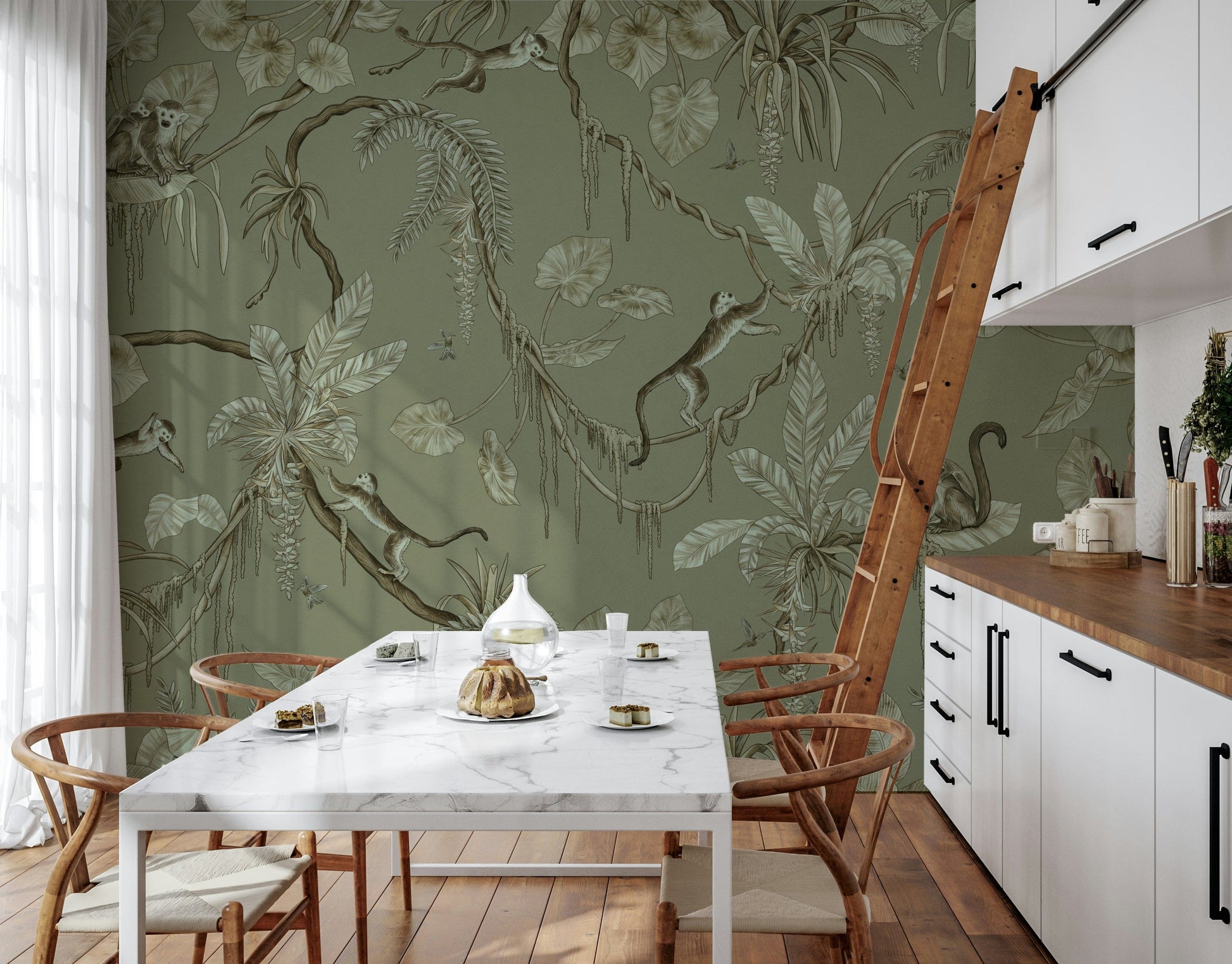Playful monkeys swinging through a lush tropical jungle wall mural