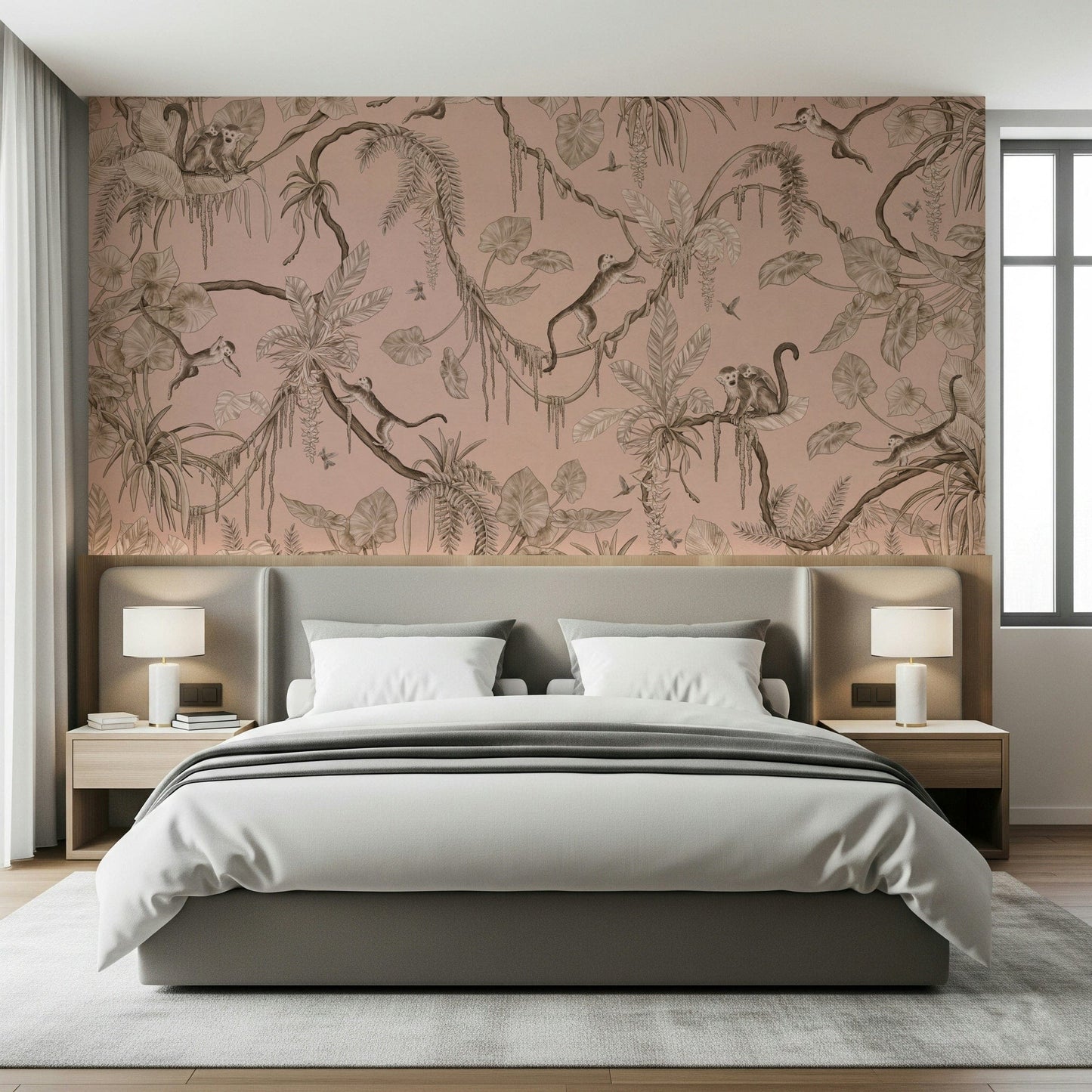 Jungle wallpaper depicting birds singing and monkeys playing among trees
