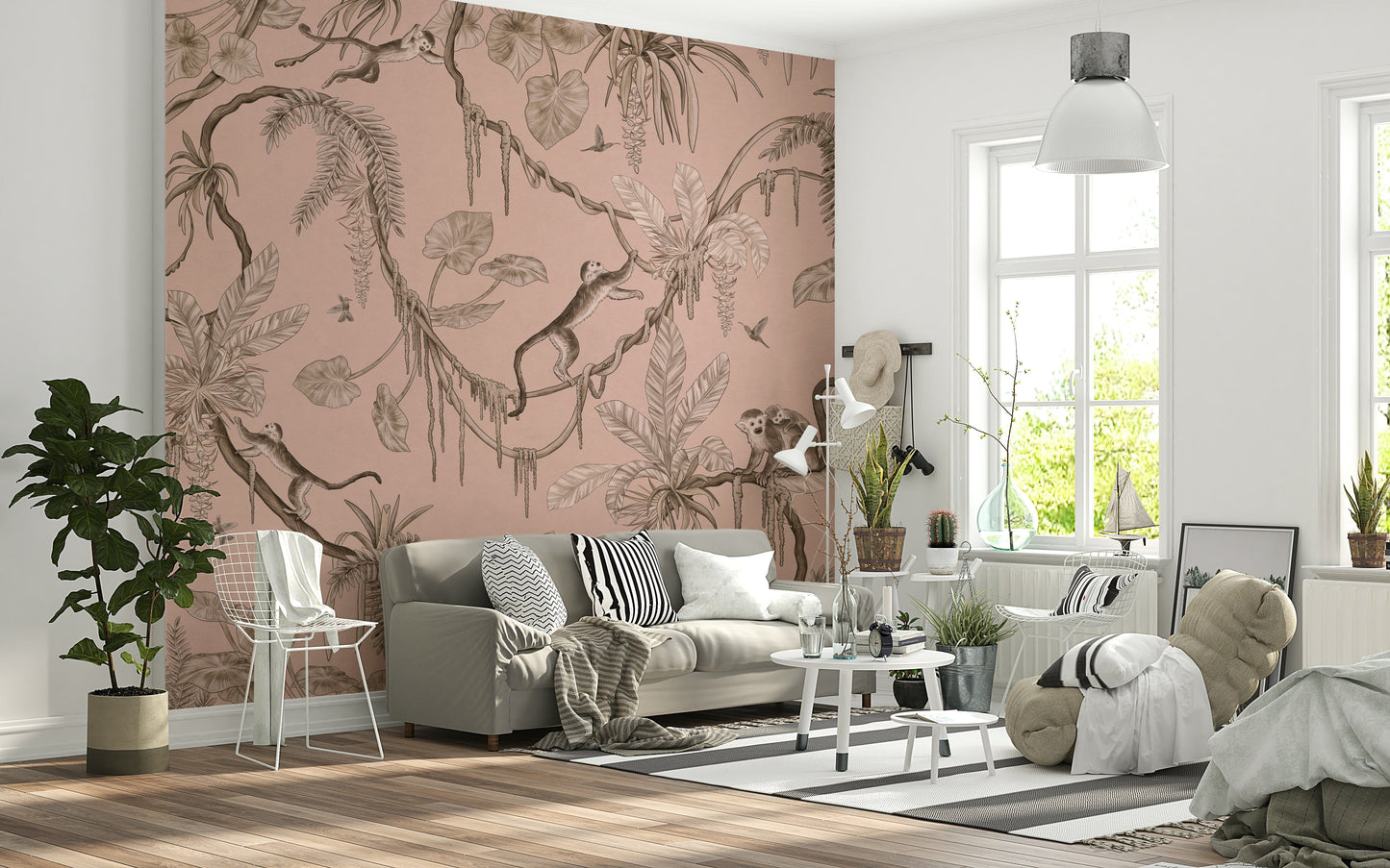 Serene mural of tropical birds and monkeys in a vibrant jungle environment